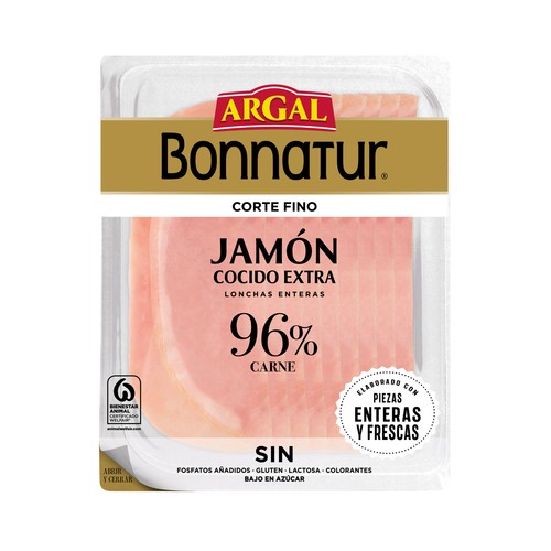 Imagen de Jamón cocido extra, cortado en lonchas finas y enteras BONNATUR de Argal 140 g.