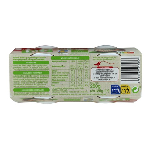 ALCAMPO ECOLÓGICO Quinoa blanca y roja cocida ecológica  2 uds. x 125 g.
