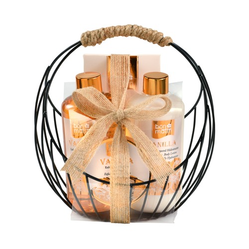 BON MATIN Cesta metálica con productos para el baño con aroma a vainilla.