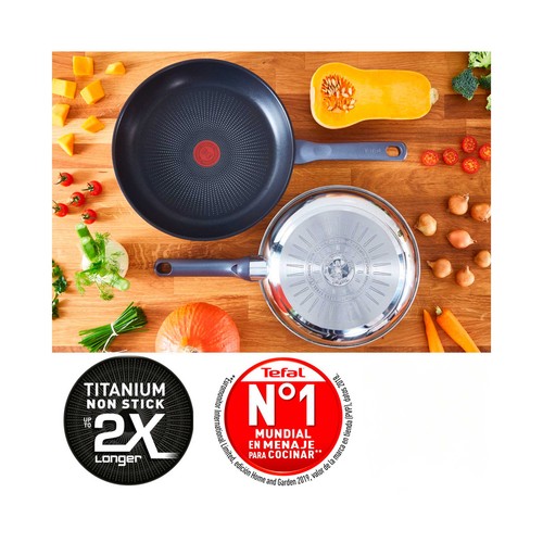 Sartén de 28 centímetros antiadherente de acero inoxidable, apta para inducción, Daily Cook Titanium, TEFAL.