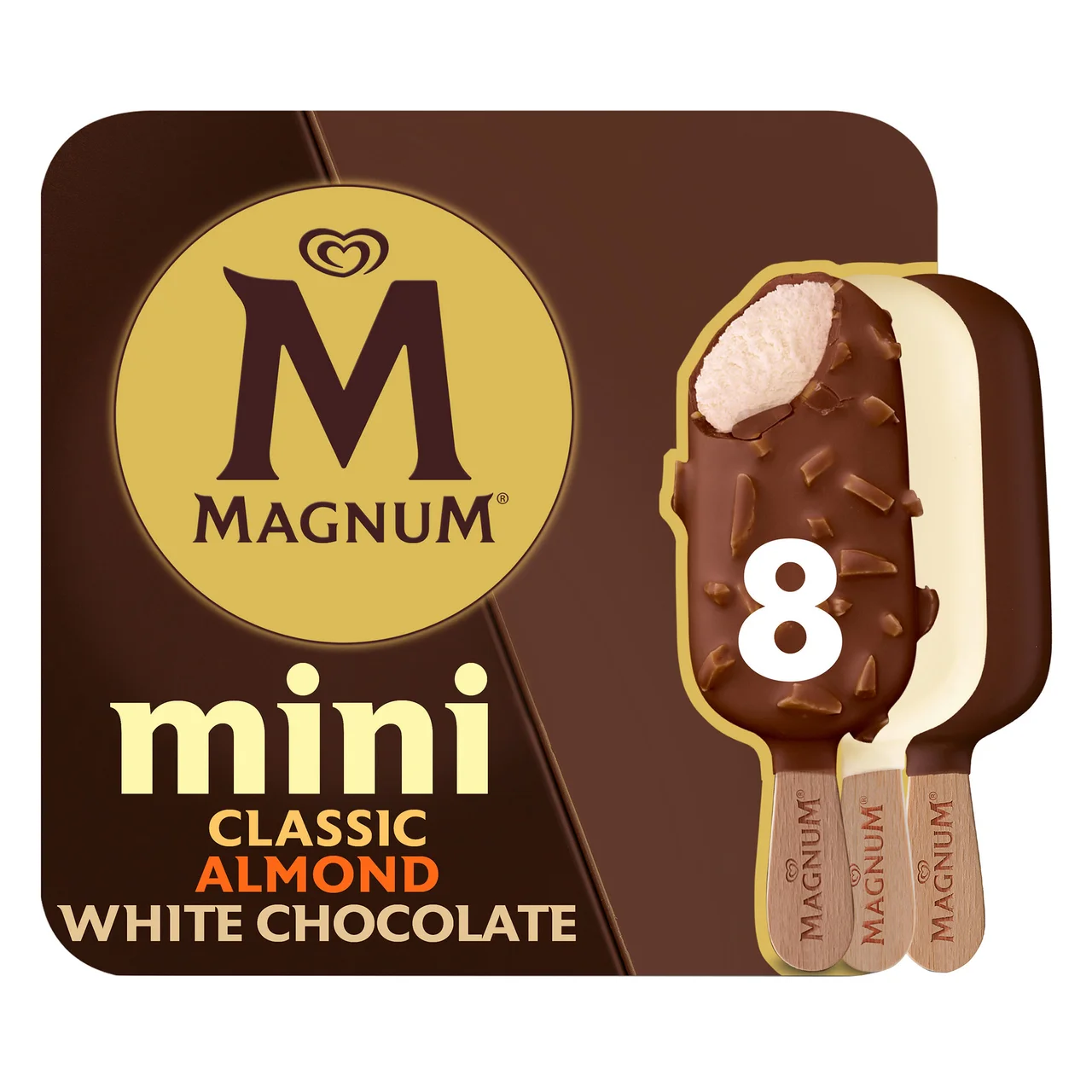 De frigo mini bombones almendradros, de chocolate, chocolate con leche y chocolate blanco 8 x 55 ml.