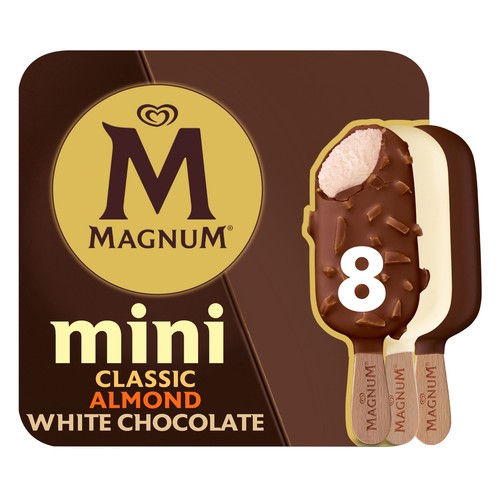 MAGNUM de frigo mini bombones almendradros, de chocolate, chocolate con leche y chocolate blanco 8 x 55 ml.