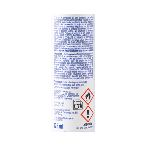 PRODUCTO ALCAMPO Spray repelente de insectos de alta protección (hasta 8 horas) 125 ml.