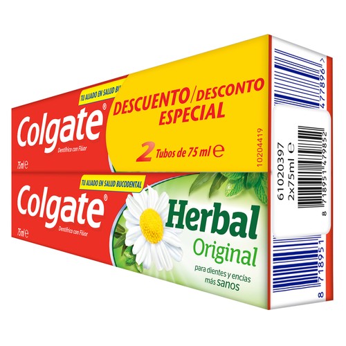 COLGATE Herbal Original Pasta de dientes con flúor e ingredientes naturales 2 x 75 ml.