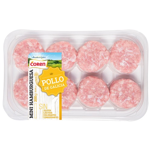 Bandeja con mini hamburguesas de pollo gallego COREN 8 x 25 g.