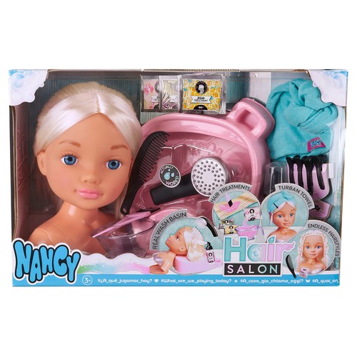 FAMOSA Nancy Hair Salón Rubia, peluquería realista con cabeza de muñeca para peinar +3 Años