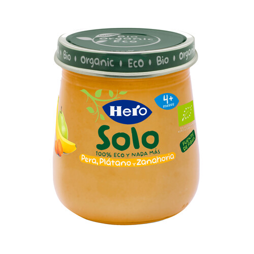 HERO Solo Tarrito de fruta (pera y plátano) y hortaliza (zanahoria) ecológica, para bebés a partir de 4 meses 120 g.