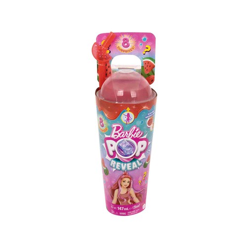 BARBIE Pop! Reveal Serie Frutas Fresa Muñeca que revela sus colores con vaso, incluye ropa, mascotas y accesorios sorpresa, juguete +3 años (MATTEL HNW41)