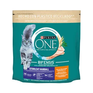 PURINA ONE Pienso rico en pollo y cereales integrales tratamiento bolas de pelo saco 1,5 kg.