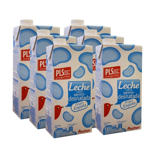 AUCHAN Leche semidesnatada de vaca 6 x 1l. Producto Alcampo