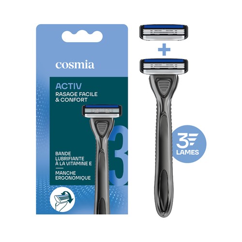 COSMIA Activ Maquinilla de afeitar recargable + 2 cabezales giratorios de 3 hojas.