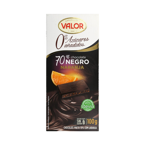 VALOR Chocolate negro 70% sin azucares añadidos naranja 100 g.