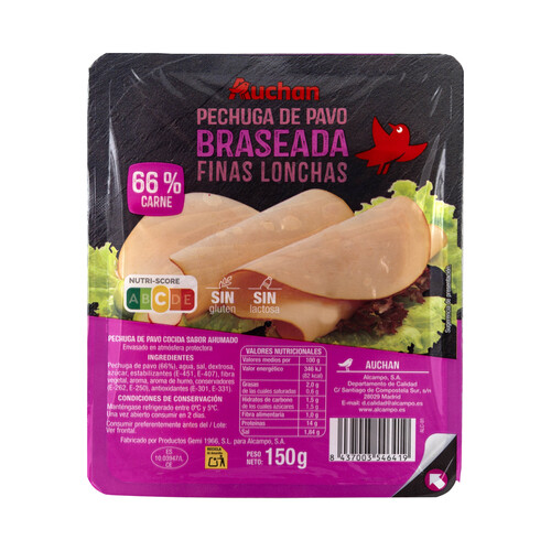 AUCHAN Pechuga de pavo braseada cortada en lonchas finas 150 g. Producto Alcampo