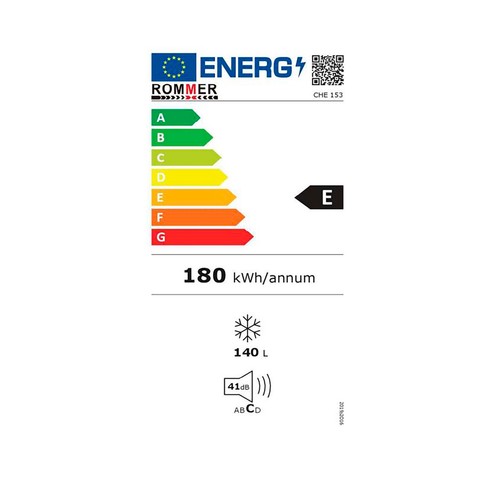 Arcón congelador ROMMER CHE-153, clasificación energética: E, H: 85cm, A: 64cm, F: 56cm, capacidad total: 140L.