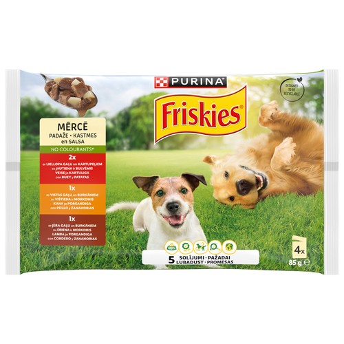 FRISKIES Al perro hu bolsa salsa pollo, cordero, buey 4x85g