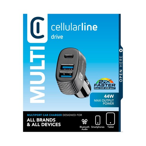 Cargador para coche Multipower Trío negro: 2 USB-A y 1 USB-C, 44W, 12/24V CELLULAR LINE.