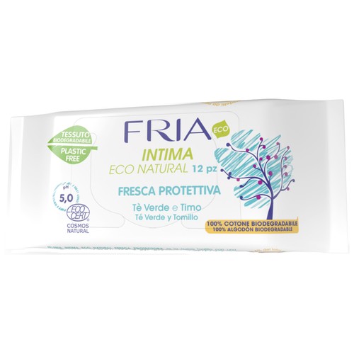 FRIA Eco Toallitas íntimas con té verde y tomillo, fabricadas con algodón 100% biodegradable 12 uds.