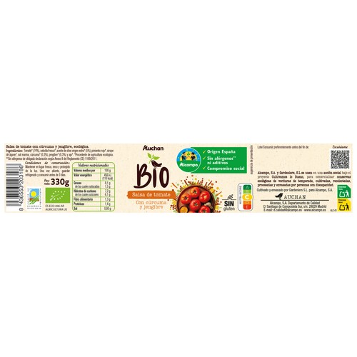 ALCAMPO CULTIVAMOS LO BUENO Bio Salsa de tomate ecológica, con cúrcuma y jengibre 340 g.