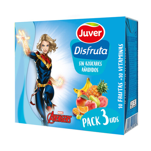 JUVER Disfruta Néctar de 10 frutas variadas y 10 vitaminas, sin azúcares añadidos pack 3 uds x 20 cl.