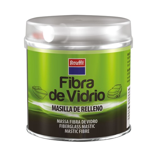 Bote de 250 gramos de masilla de fibra de vidrio con espátula aplicadora y endurecedor KRAFFT.