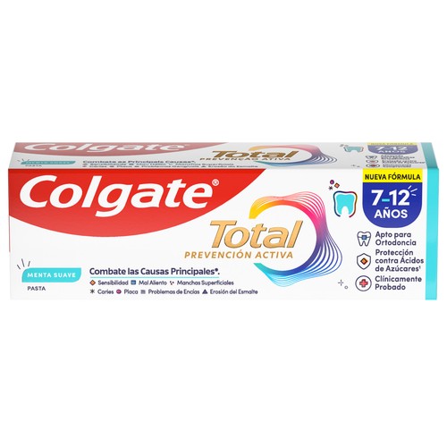 COLGATE Total prevención activa Pasta de dientes para niños de 7 a 12 años, con sabor a menta suave 50 ml.