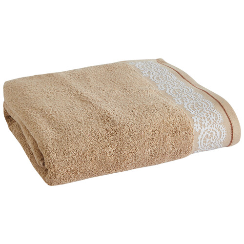 Toalla de baño 100% algodón color beige con cenefa jacquard imitación encaje, 500g/m² ACTUEL.