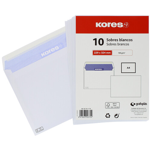 Paquete de 10 sobres de tamaño 229 x 324 mm (tamaño DIN-A4), peso de 100 g/m² color blanco KORES.