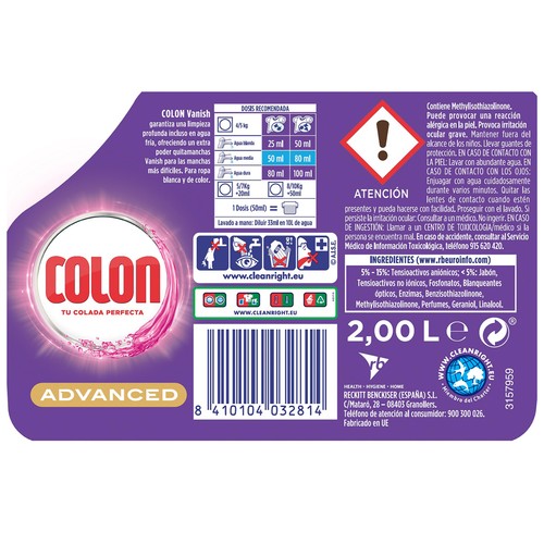 COLON Vanish Detergente líquido más quitamanchas para lavadora (ropa blanca y de color) 40 lav.