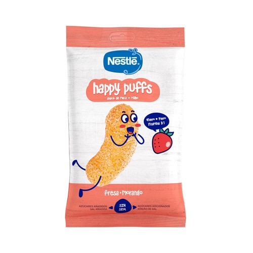 NESTLÉ Snack a base de maíz con plátano y fresa, a partir de 1 año NESTLÉ Happy puffs 28 g.