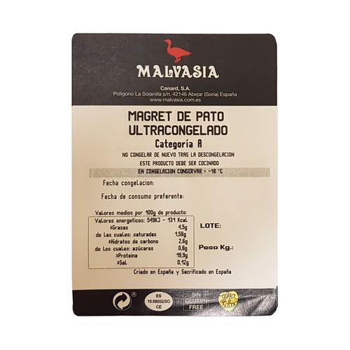 MALVASIA Magret de pato ultracongelado de categoria A 380 g.
