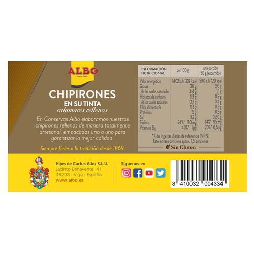 ALBO Chipirones rellenos en su tinta lata de 72 g.