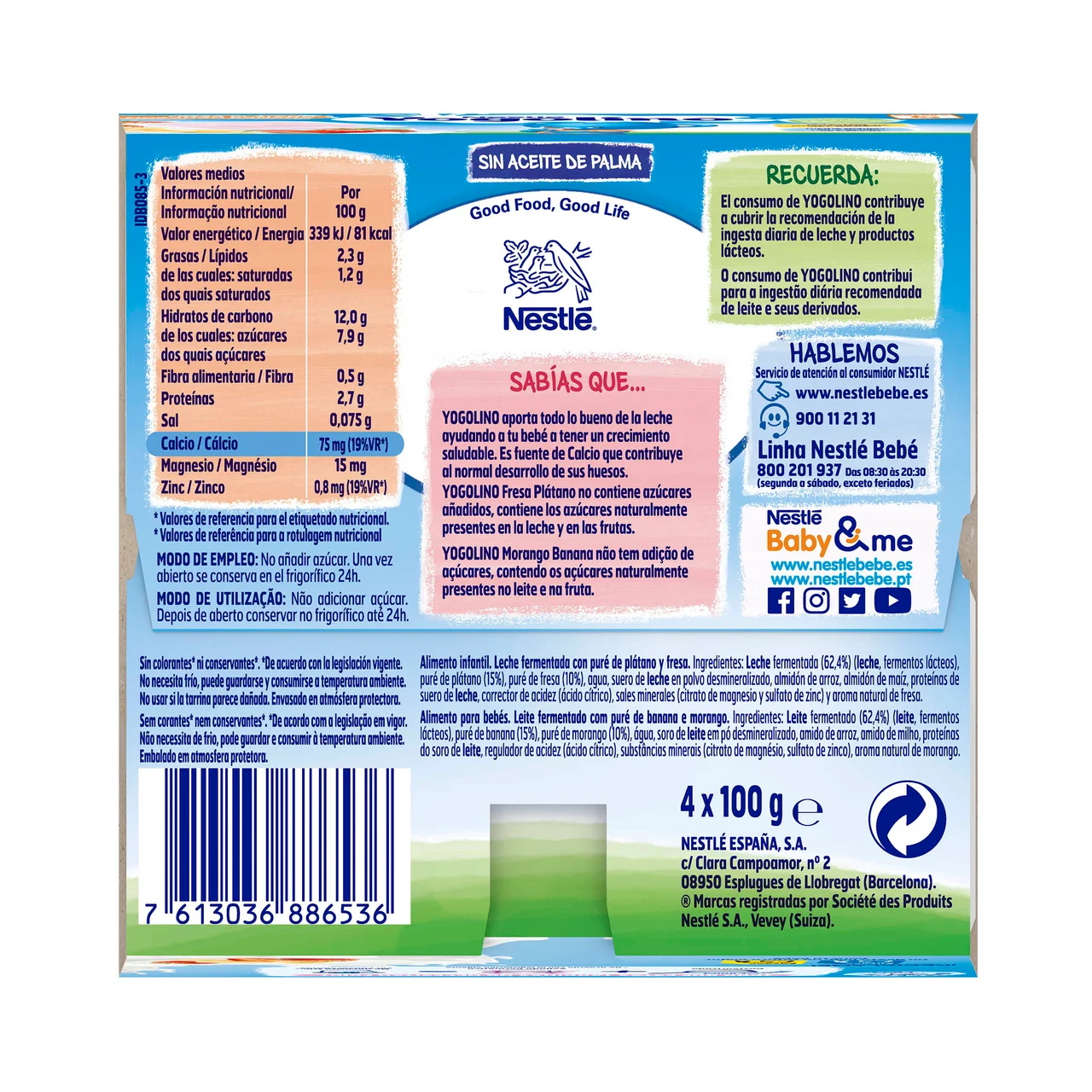YOGOLINO Postre lácteo de fresa y plátano, adaptado para bebés a paritr de 6 meses YOGOLINO de Nestlé 4 x 100 g.