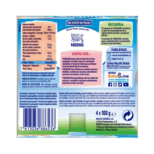 YOGOLINO Postre lácteo de fresa y plátano, adaptado para bebés a paritr de 6 meses YOGOLINO de Nestlé 4 x 100 g.