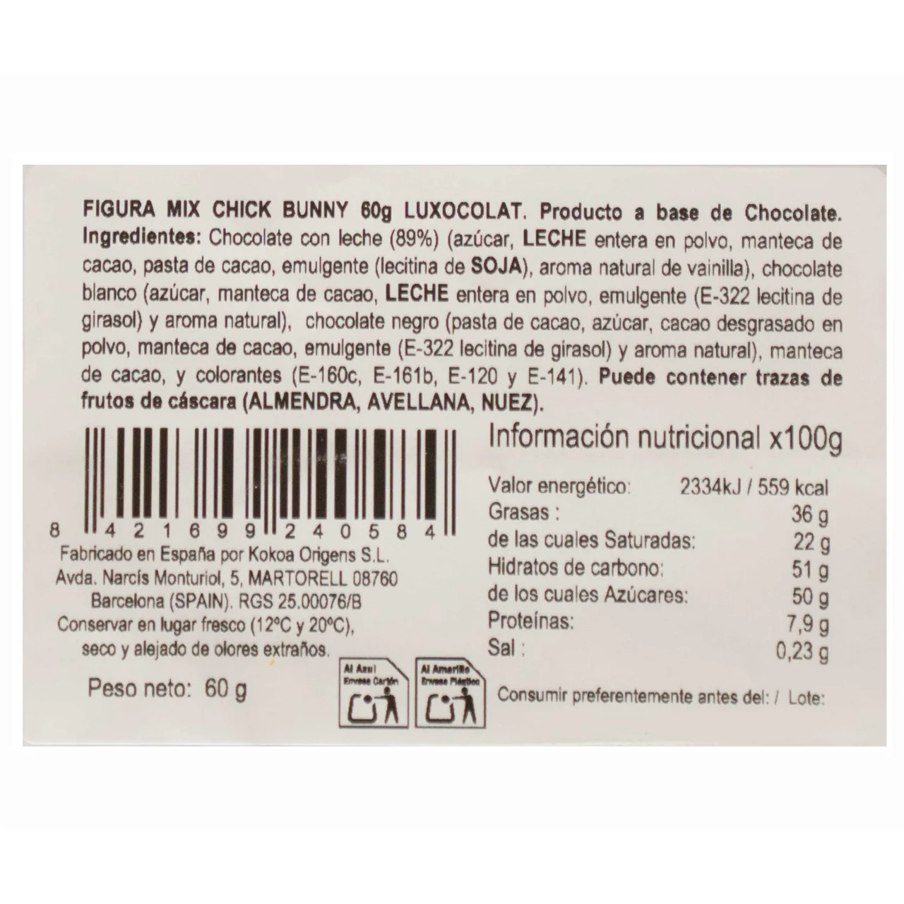 Figuritas de Pascua de chocolate con leche 60 g.