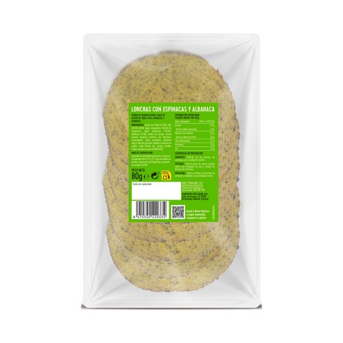 BETTER BALANCE Lonchas vegetales con espinacas y albahaca. Altas en proteína, bajas en grasas saturadas y fuente de fibra. 80 g. 