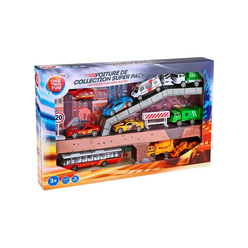 Conjunto De Vehiculos De Ciudad. Pack de Coches, camiones, ambulancia, autobuses de juguete. ONE TWO FUN ALCAMPO