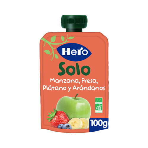 HERO Solo Bolsita de fruta (manzana, plátano, fresa y arándanos) ecológica, a partir de 4 meses 100 g.