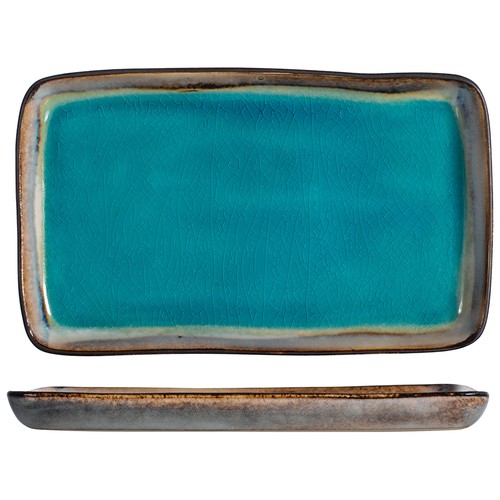 Plato llano rectangular 14x24 cm. fabricado en gres color azul con filo marrón, Teide HOME.