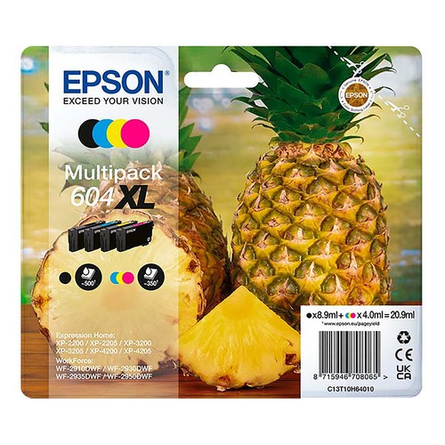 Pack de 4 cartuchos de tinta EPSON 604 XL, colores negro, cian, magenta y amarillo.