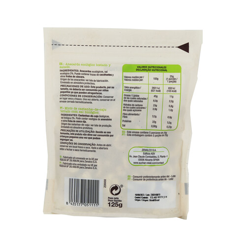 ALCAMPO ECOLÓGICO Anacardos tostados y salados ALCAMPO ECOLÓGICO 125 g.