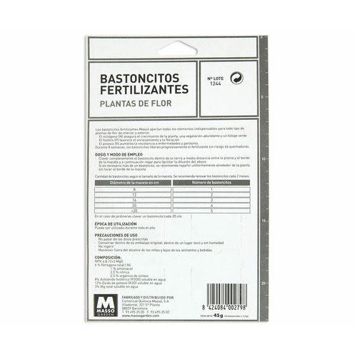 Caja con 20 bastoncillos fertilizantes para plantas en flor MASSÓ GARDEN.