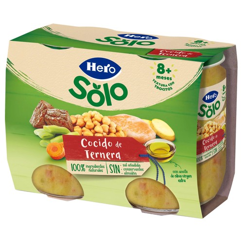 HERO Solo Tarrito de cocido con ternera (textura con trocitos), a partir de 8 meses 2 x 190 g.
