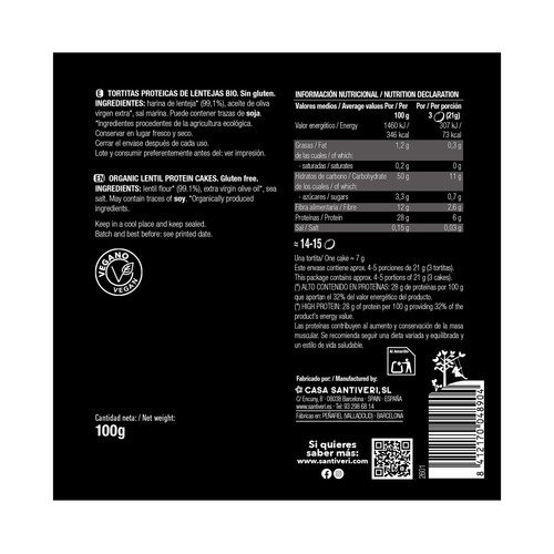 SANTIVERI Tortitas protein sin gluten bio 100 g.