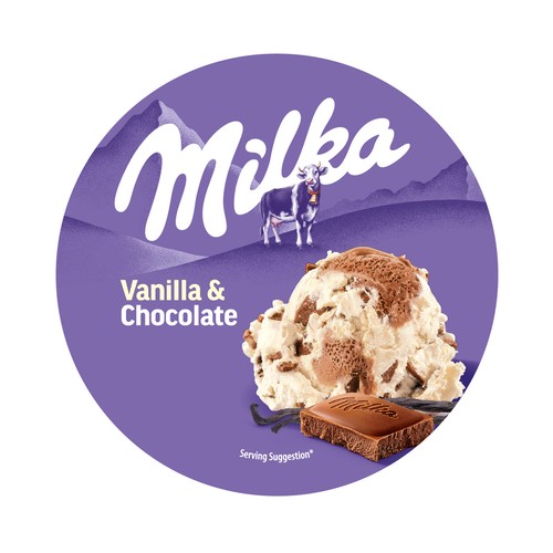 MILKA Tarrina de helado de vainilla con trozos y chocolate con leche 425 ml.