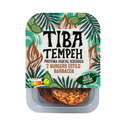 TIBA Tempeh Burgers estilo barbacoa, elaboradas con proteína vegetal ecológica 2 x 100 g.