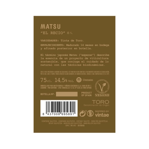 MATSU El recio Vino tinto ecológico con D.O. Toro botella 75 cl.