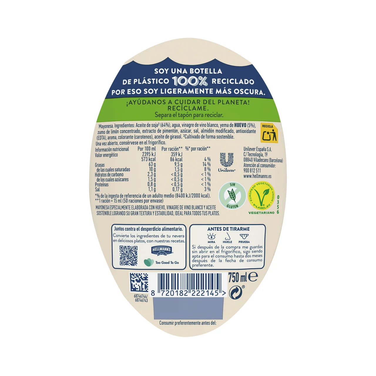 HELLMANN"S Salsa mayonesa en formato bote bocabajo 750ml.