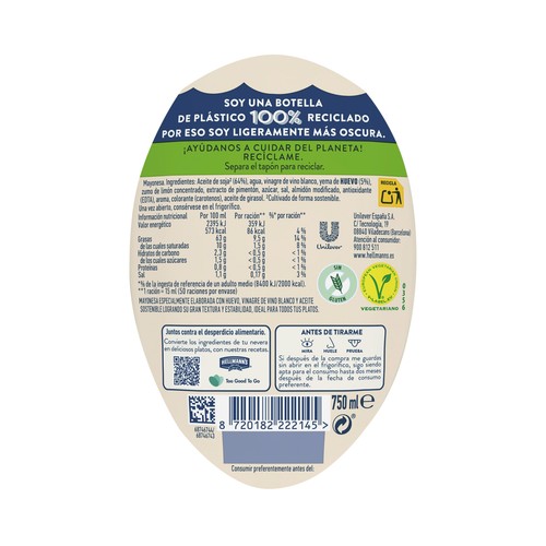 HELLMANN"S Salsa mayonesa en formato bote bocabajo 750 ml.