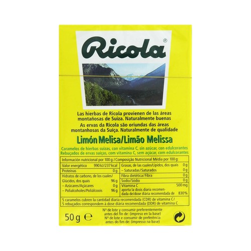 RICOLA Caramelos sin azúcar con sabor a limón y melisa y acción refrescante RICOLA 50 g.