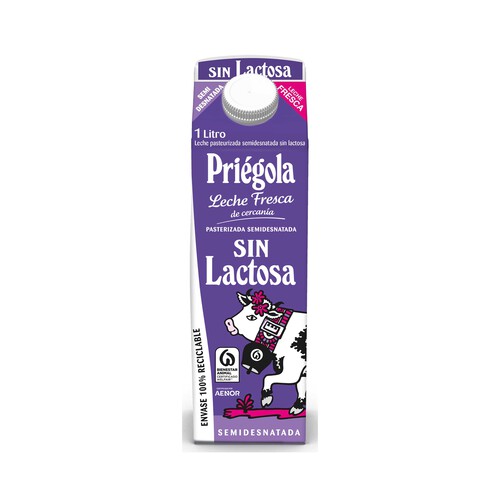 Leche semidesnatada fresca sin lactosa PRIÉGOLA 1 l.